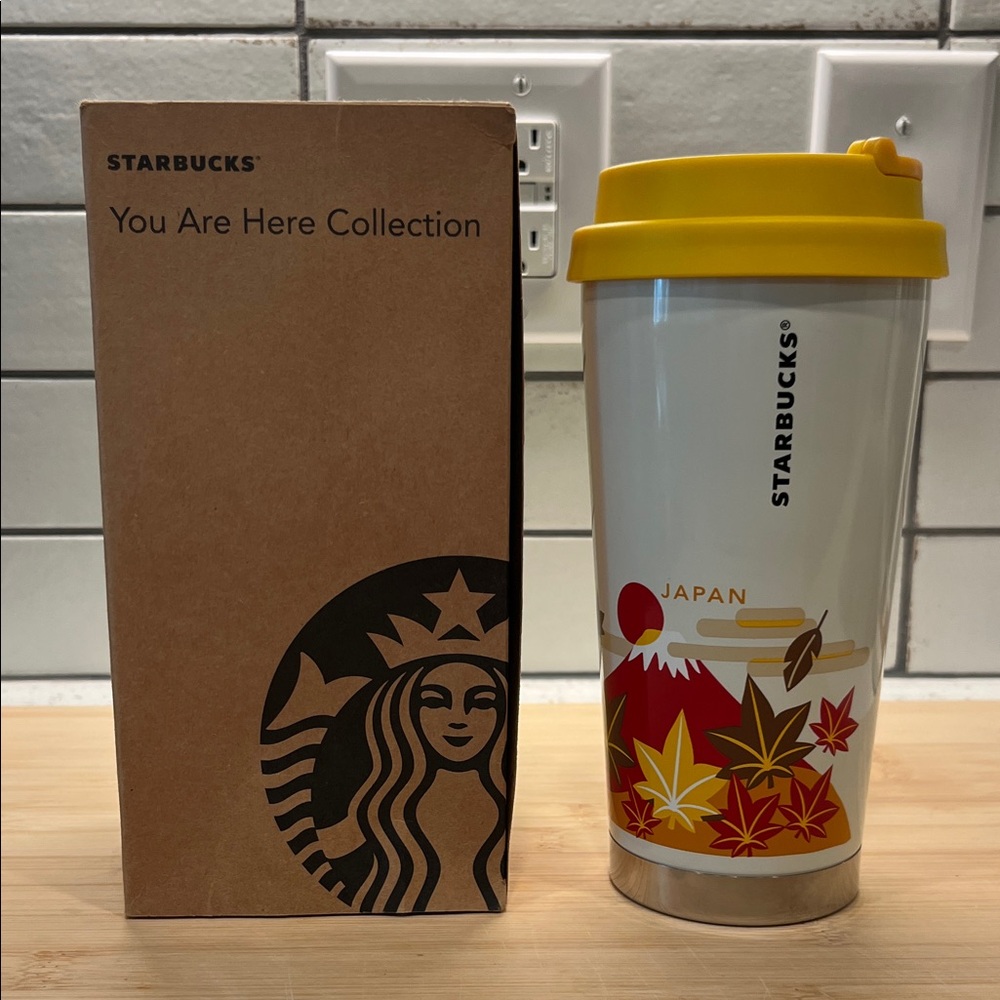 Starbucks White Tumbler with Yellow Lid and Red-Orange Japan Graphics
